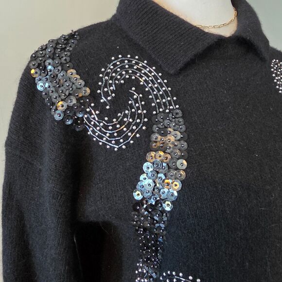 Vintage 80s Angora Wool Sweater. Small. Dark Romance Goth Glam Sequins Black - Picture 8 of 10